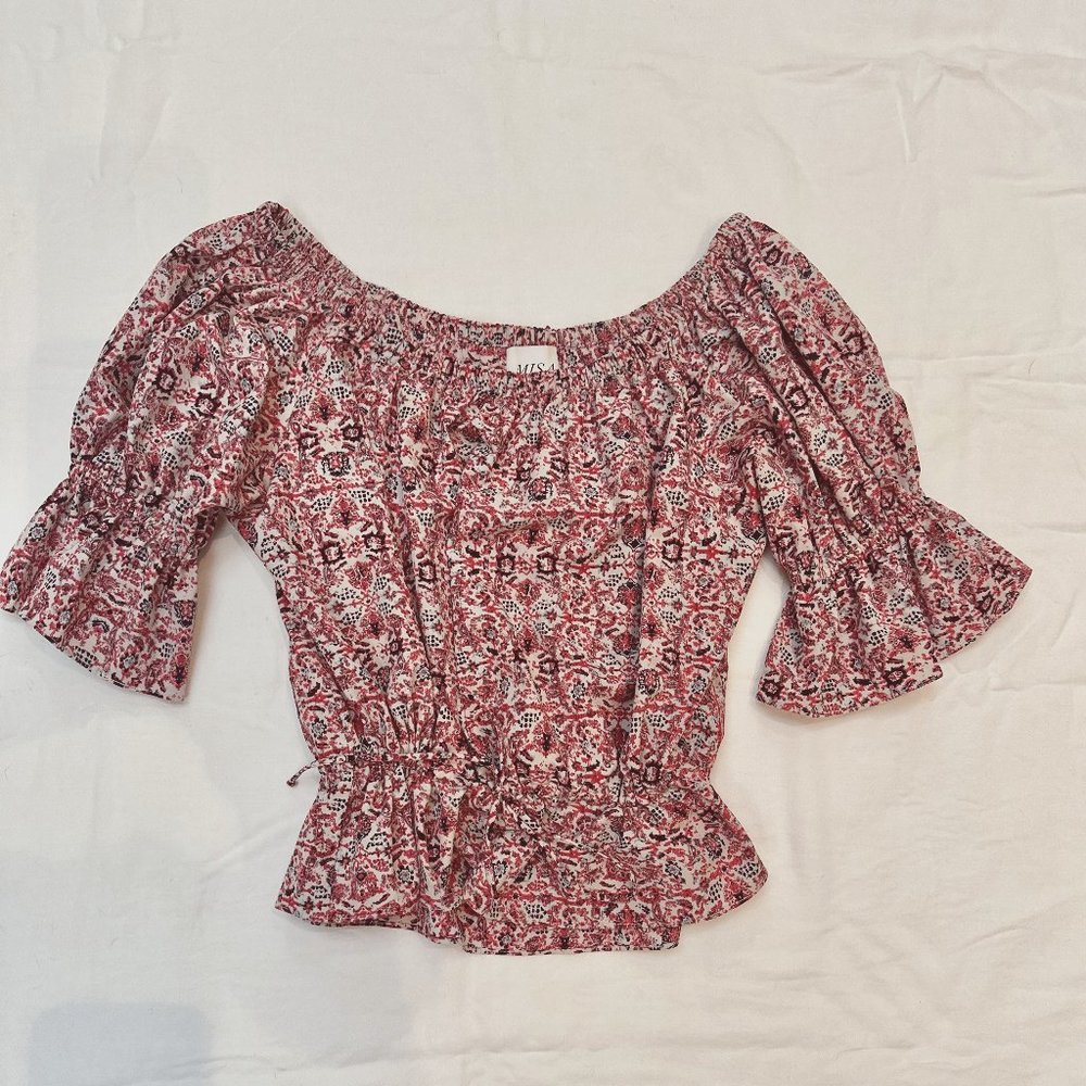 Misa Los Angeles Red/White/Blue Floral Print ZALTANA Embroidered Top, Medium